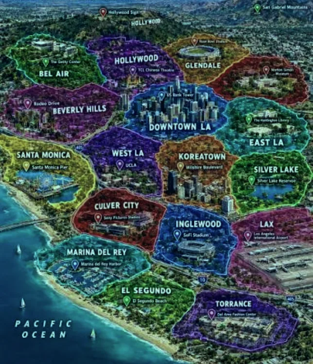 Map of Los Angeles areas served by 24/7 Rooter Service, including Bel Air, Hollywood, Glendale, Beverly Hills, Downtown LA, East LA, Santa Monica, West LA, Koreatown, Silver Lake, Culver City, Inglewood, LAX, Marina del Rey, El Segundo and Torrance