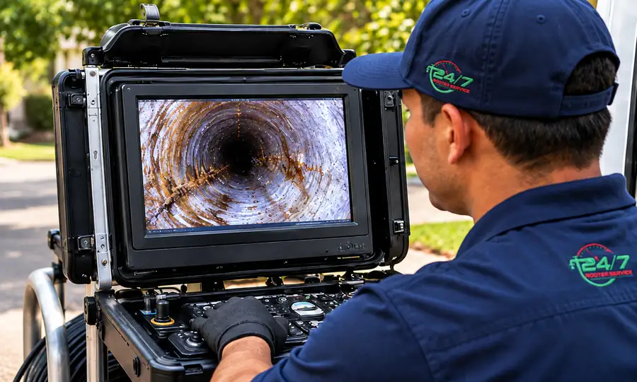 24/7 Rooter Service technician performing a video pipe inspection in Los Angeles, viewing a live CCTV sewer camera feed of the inside of a sewer line